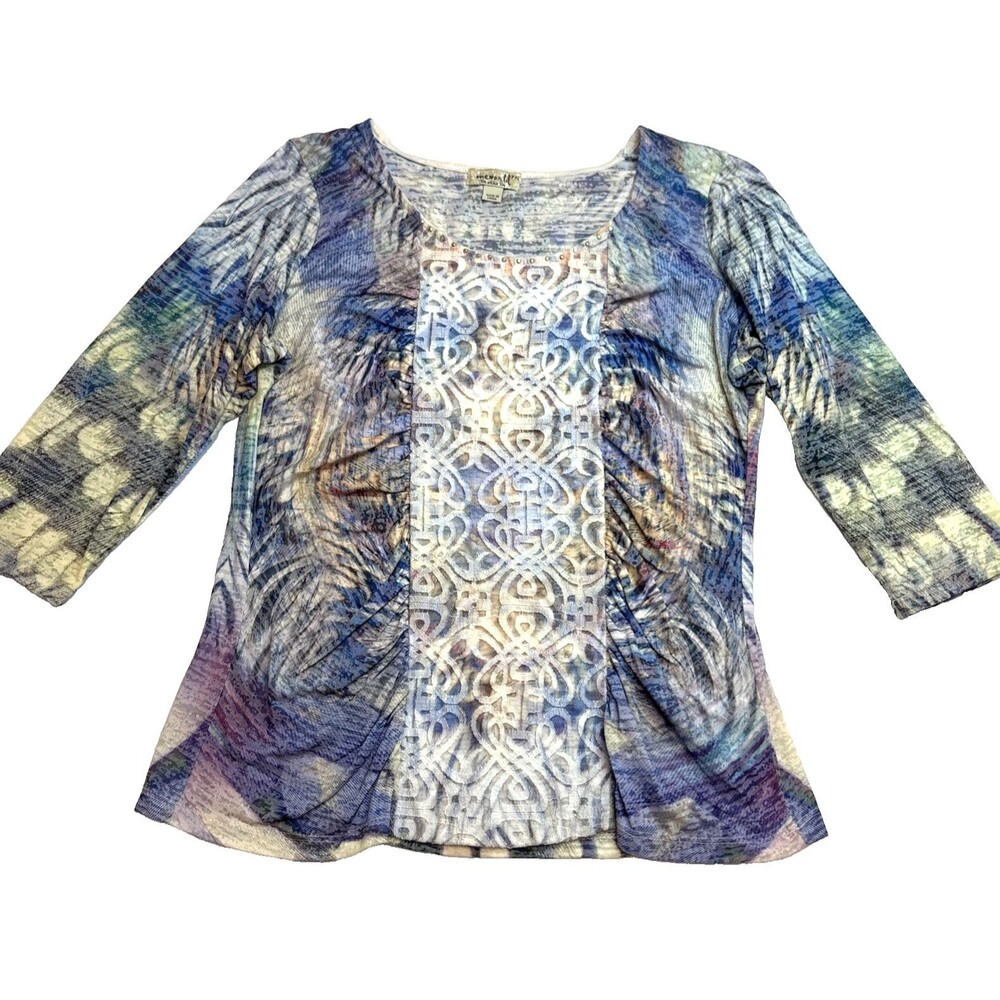One World Top  3/4 Sleeves Lace Blue Polyester Cotton blend Sz PXL